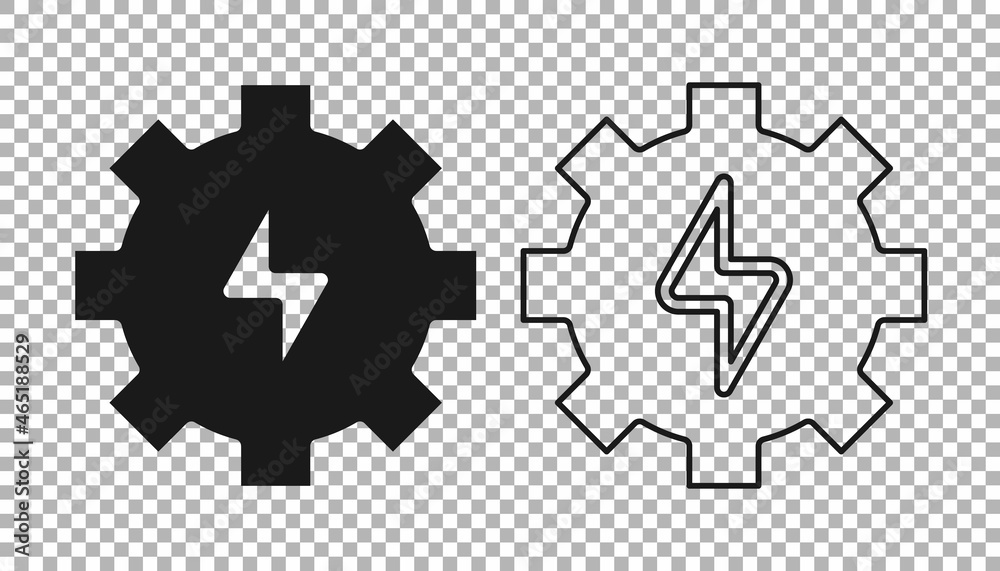 Black Gear and lightning icon isolated on transparent background. Electric power. Lightning bolt sign. Vector Black Gear and lightning icon isolated on transparent background. Electric power. Lightning bolt sign. Vector