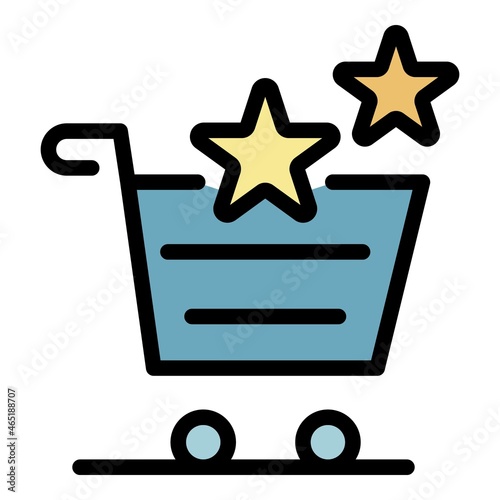 Shopping cart and stars icon. Outline shopping cart and stars vector icon color flat isolated