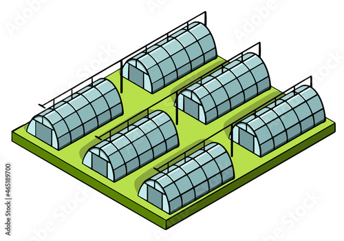 Agricultural isometric composition with farm buildings, greenhouses isolated vector illustration