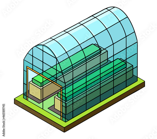 Agricultural isometric composition with farm buildings, greenhouses isolated vector illustration