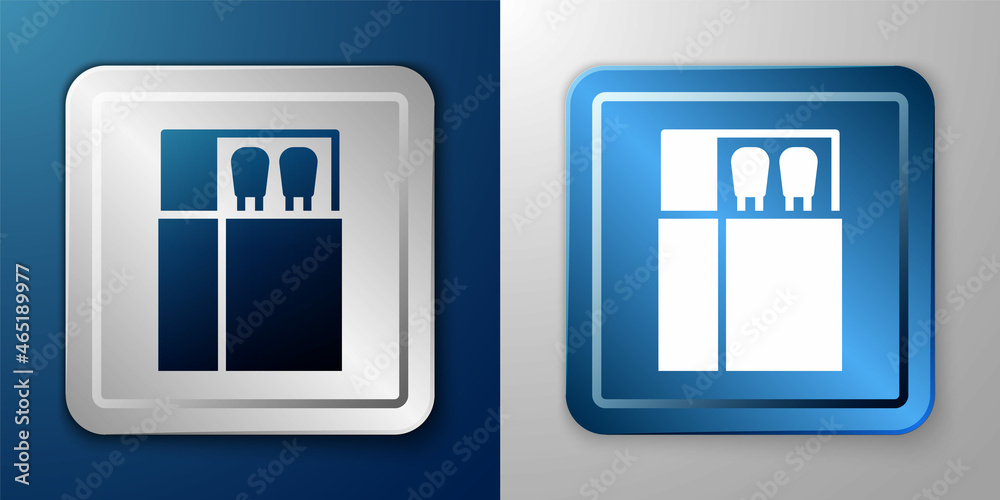 White Open matchbox and matches icon isolated on blue and grey background. Silver and blue square button. Vector White Open matchbox and matches icon isolated on blue and grey background. Silver and blue square button. Vector