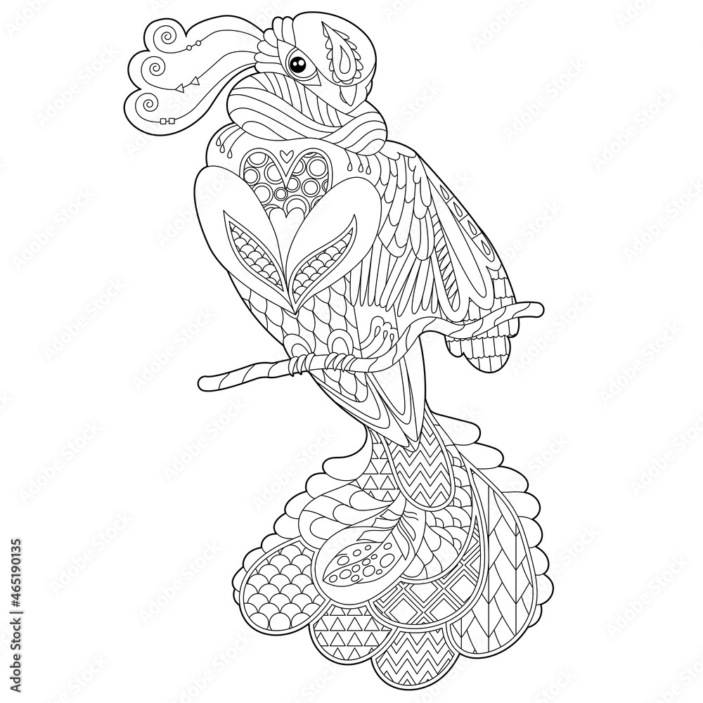 Cute beautiful bird. Doodle style, black and white background. Funny bird,  coloring book pages. Hand drawn illustration in zentangle style for  children and adults, tattoo. Stock Vector | Adobe Stock