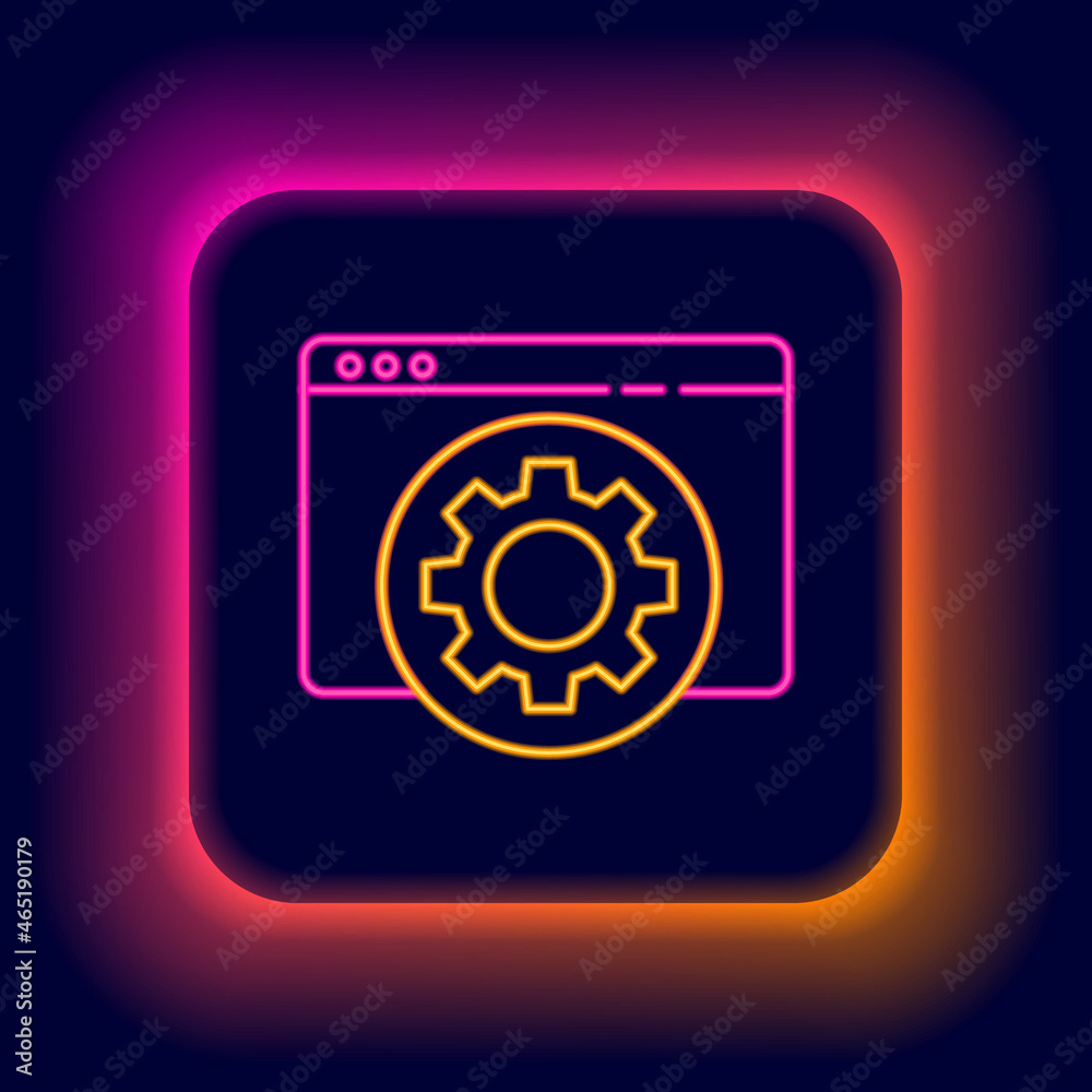 Glowing neon line Browser setting icon isolated on black background. Adjusting, service, maintenance, repair, fixing. Colorful outline concept. Vector Glowing neon line Browser setting icon isolated on black background. Adjusting, service, maintenance, repair, fixing. Colorful outline concept. Vector