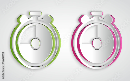 Paper cut Stopwatch icon isolated on grey background. Time timer sign. Chronometer sign. Paper art style. Vector