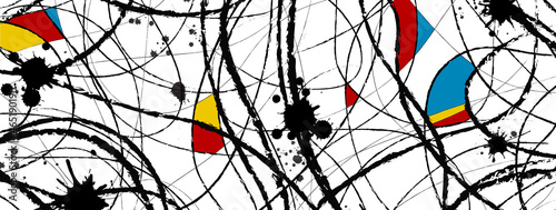 Abstract art banner. Wavy brushstrokes, ink splashes and shapes in primary colors. photo