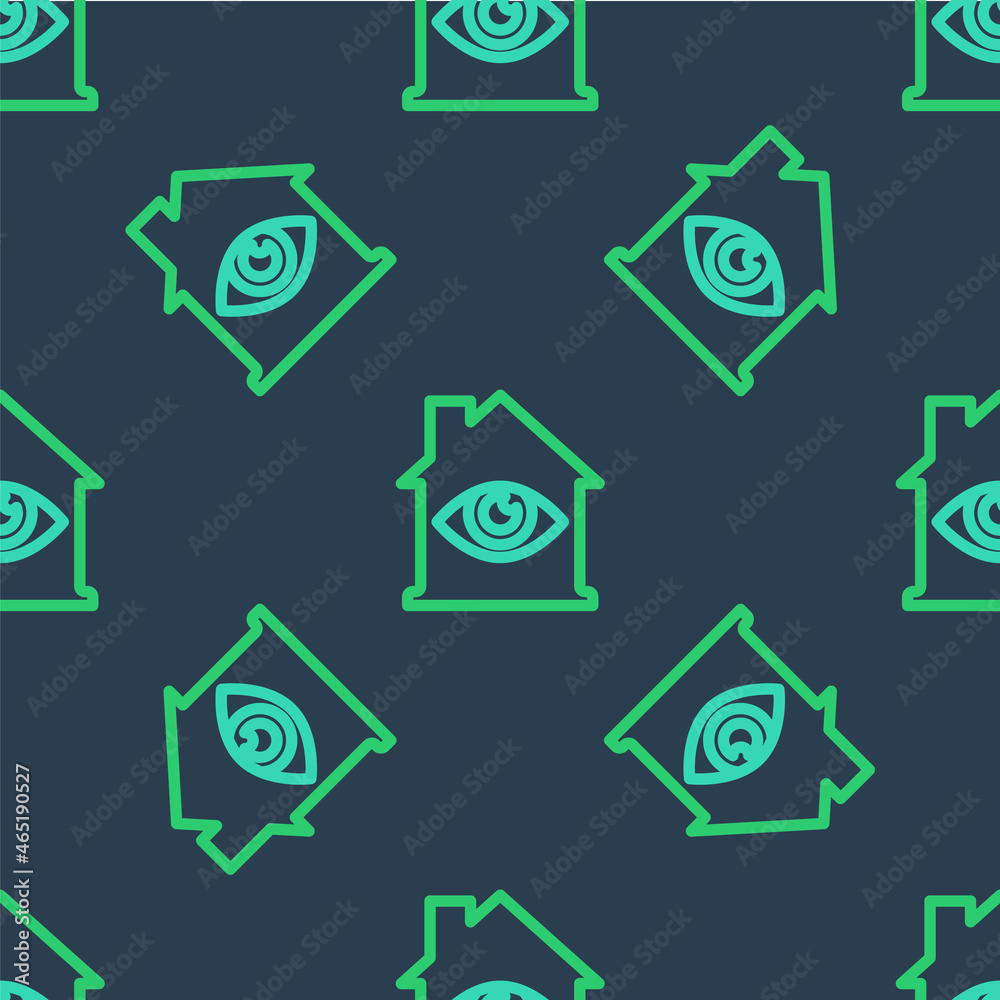 Line House with eye scan icon isolated seamless pattern on blue background. Scanning eye. Security check symbol. Cyber eye sign. Vector Line House with eye scan icon isolated seamless pattern on blue background. Scanning eye. Security check symbol. Cyber eye sign. Vector