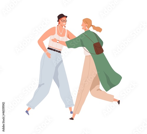 Happy women meeting, rushing to hug and greet each other. Joyful female welcoming friend with joy and positive emotions. Girlfriends rejoicing. Flat vector illustration isolated on white background