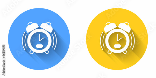 White Alarm clock icon isolated with long shadow background. Wake up, get up concept. Time sign. Circle button. Vector