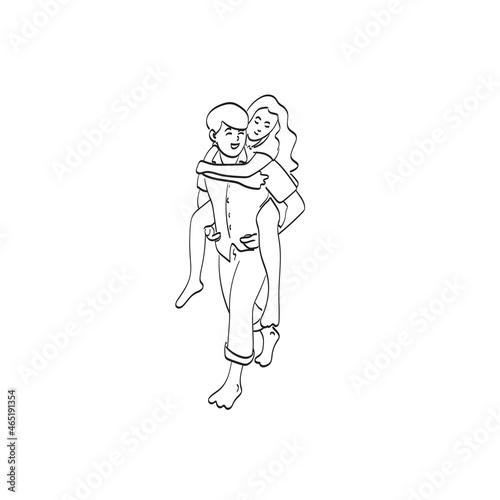 line art boyfriend is piggy backing his cute lover on the beach illustration vector isolated on white background