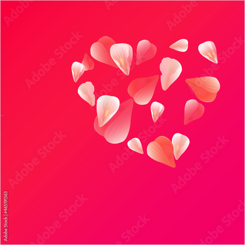 Valentines day card. Pink flying petals on soft red pink gradient background. Heart shaped petals. Vector