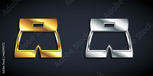 Gold and silver Boxing short icon isolated on black background. Long shadow style. Vector