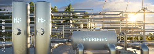 Industrial production line with modern hydrogen storage and H2 Hydrogen logo. Renewable or sustainable electricity. Clean alternative ecological energy. 3D rendering. photo