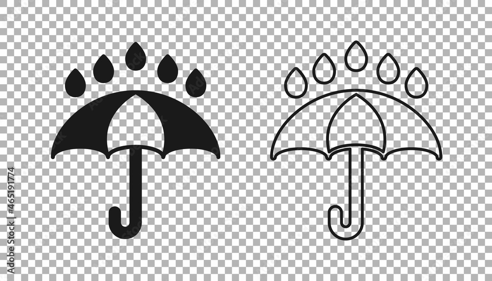 Black Umbrella and rain drops icon isolated on transparent background. Waterproof icon. Protection, safety, security concept. Water resistant symbol. Vector