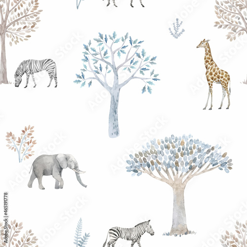 Beautiful vector seamless pattern with hand drawn watercolor cute trees and safari elephant giraffe zebra animals. Stock illustration.