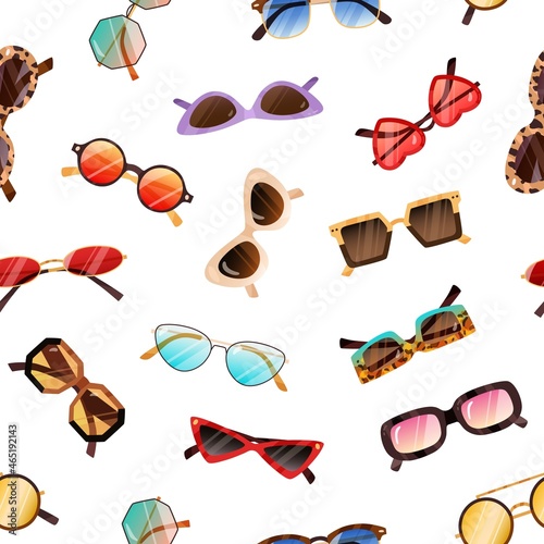 Sunglasses pattern. Seamless background with fashion sun glasses. Summer eyewear print. Repeating texture of modern and retro beach accessories. Colorful flat vector illustration for wrapping