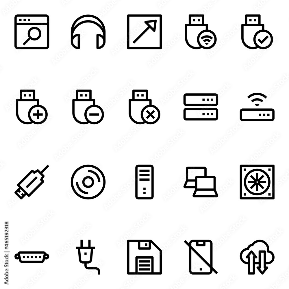 Outline icons for computer hardware.