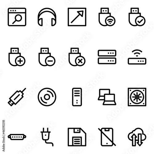 Outline icons for computer hardware.