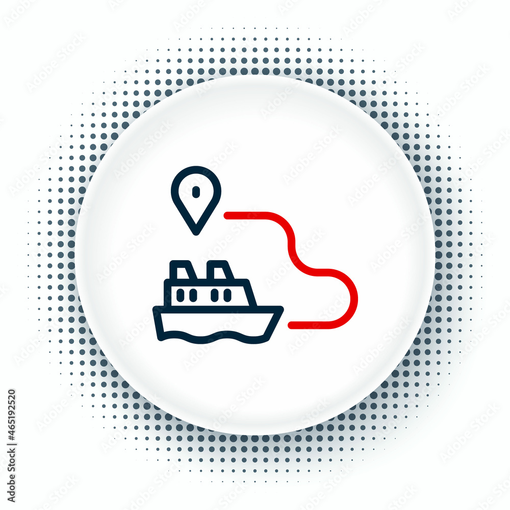 Line Ship line path of ship sea route with start point GPS and black line icon isolated on white background. Colorful outline concept. Vector Line Ship line path of ship sea route with start point GPS and black line icon isolated on white background. Colorful outline concept. Vector