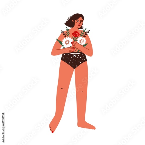 Young woman in panties with flowers covering her naked body and breast. Women health and hygiene, fertility concept. Female in underwear. Flat graphic vector illustration isolated on white background