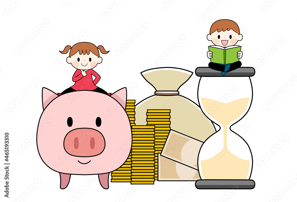Naklejka premium 勉強をする子どもたちと砂時計と豚の貯金箱とお金