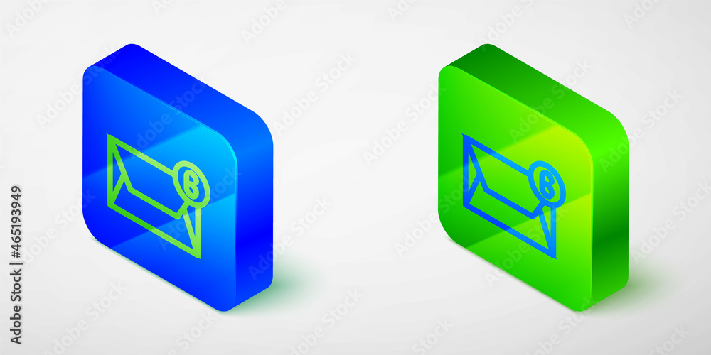 Isometric line Mail and e-mail icon isolated grey background. Envelope symbol e-mail. Email message sign. Blue and green square button. Vector Isometric line Mail and e-mail icon isolated grey background. Envelope symbol e-mail. Email message sign. Blue and green square button. Vector