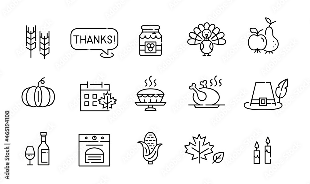 Thanksgiving traditional American holiday icons set. Harvest, turkey, vegetables, family dinner and other. Pixel perfect, editable stroke