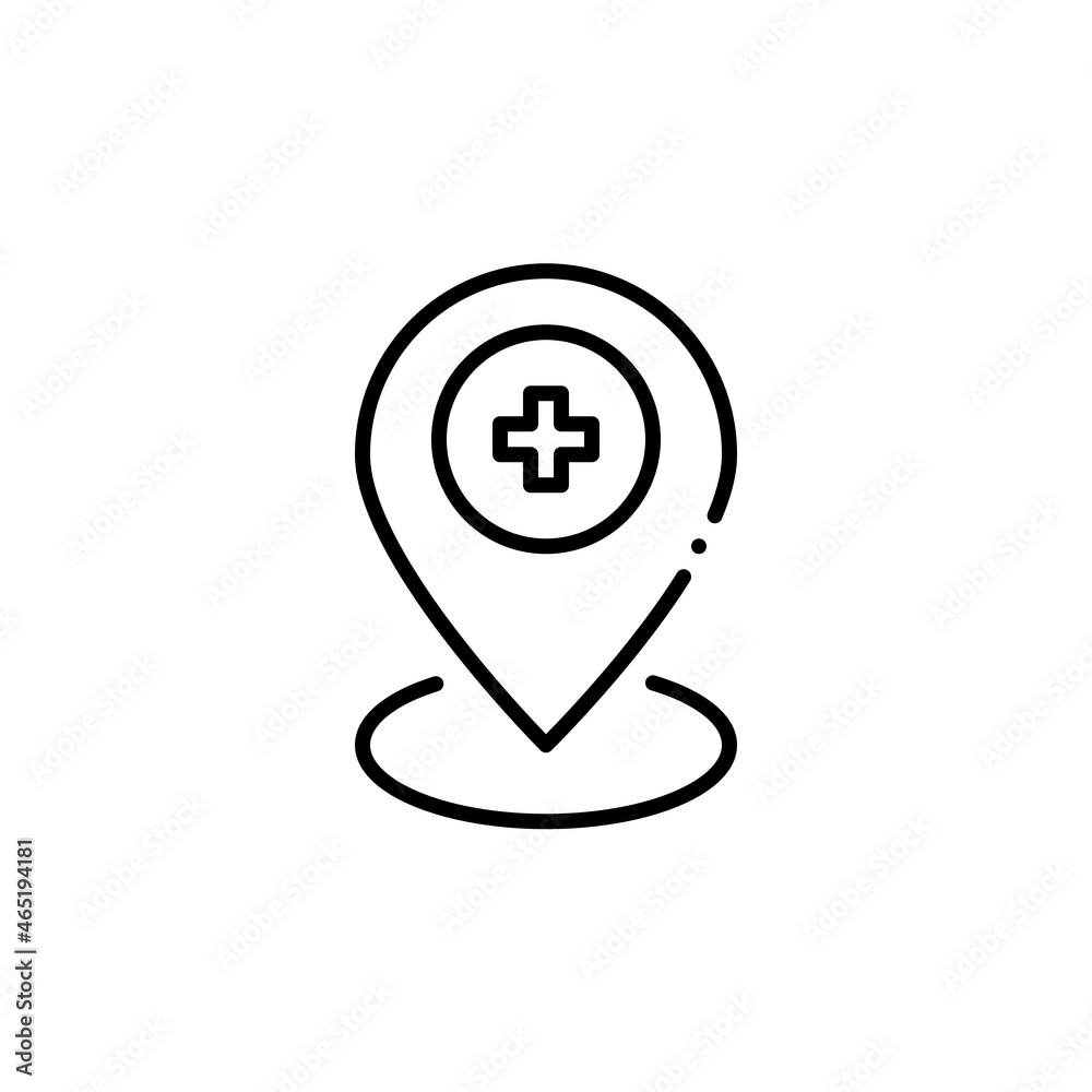 Map pointer with a cross sign. Medical assistance and hospital location. Pixel perfect, editable stroke Map pointer with a cross sign. Medical assistance and hospital location. Pixel perfect, editable stroke