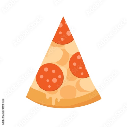 Pizza slice with crust and salami sausages. Triangle piece of Italian fast food. Fastfood with pepperoni and mozzarella cheese, top view. Flat cartoon vector illustration isolated on white background