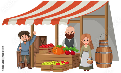 Medieval villagers at fruit store on white background