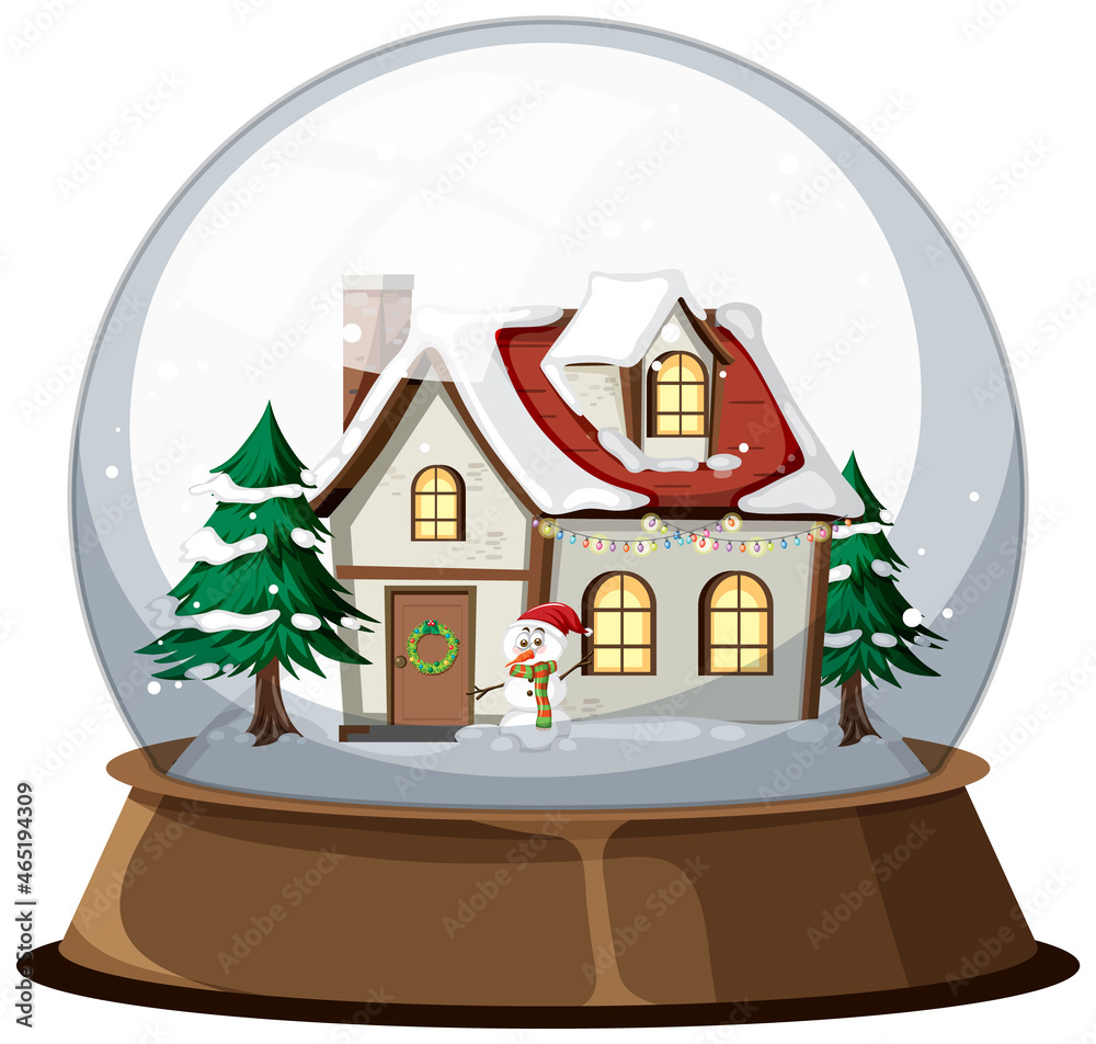 Christmas house in snow globe on white background