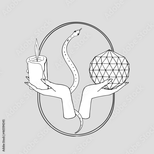 Vintage Mystic Hands holding lit candle and crystal ball on oval shape, with a small snake.
