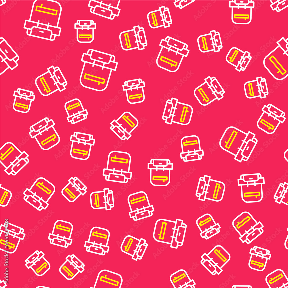 Line Hiking backpack icon isolated seamless pattern on red background. Camping and mountain exploring backpack. Vector Line Hiking backpack icon isolated seamless pattern on red background. Camping and mountain exploring backpack. Vector