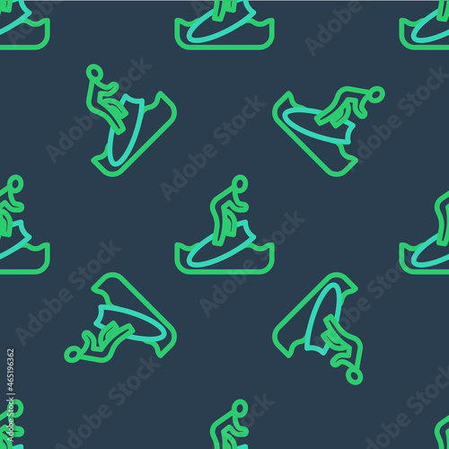 Line Surfboard icon isolated seamless pattern on blue background. Surfing board. Extreme sport. Sport equipment. Vector