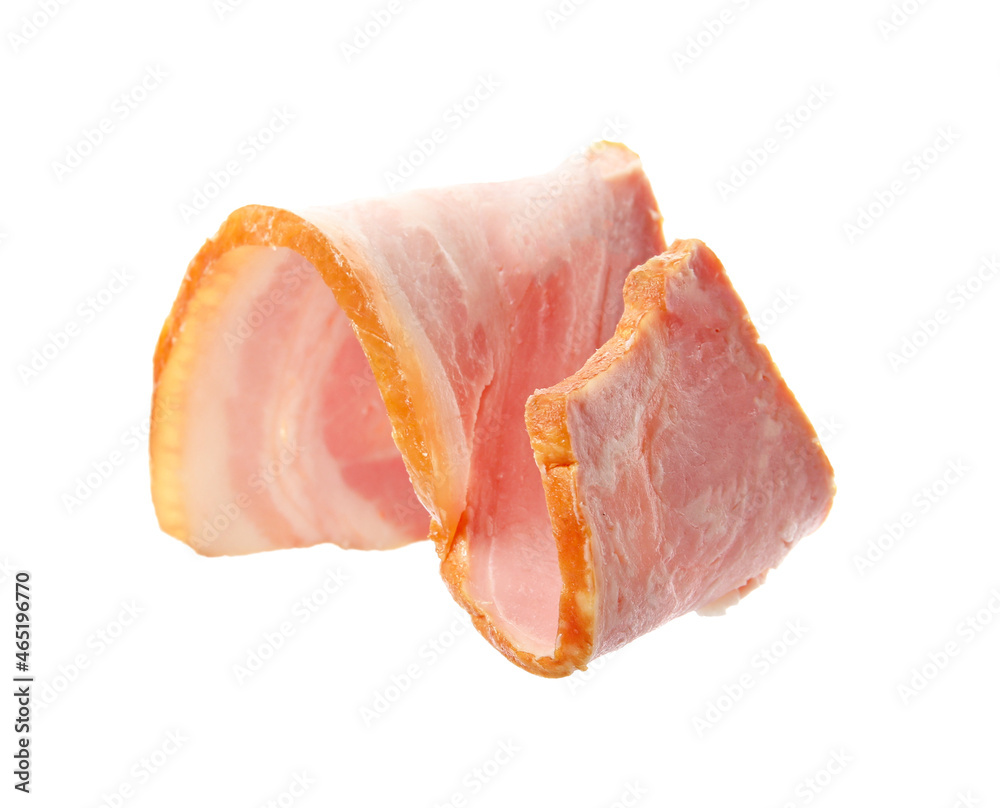Slice of delicious smoked bacon isolated on white Slice of delicious smoked bacon isolated on white
