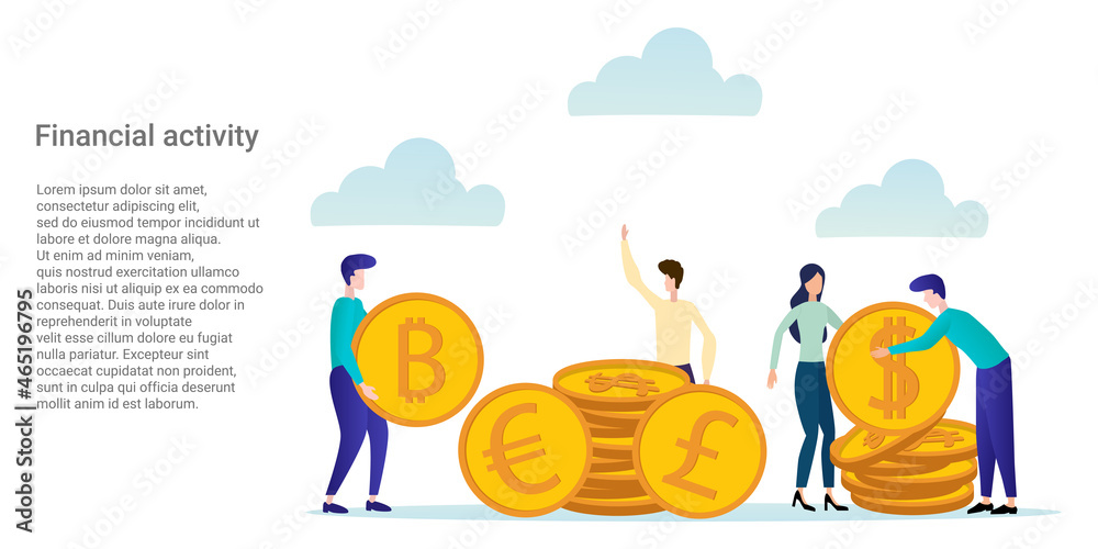 Fototapeta premium Financial activity.People on the background of large coins are engaged in financial investments.A business-style poster.Vector illustration.