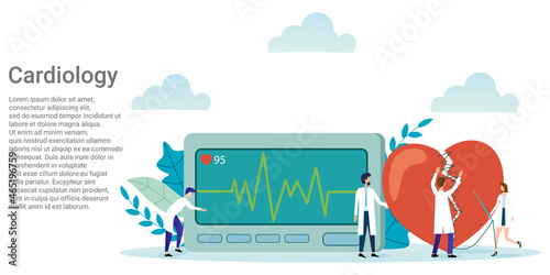 Cardiology.Doctors are engaged in the treatment and diagnosis of the heart muscle.A business-style poster.Vector illustration.
