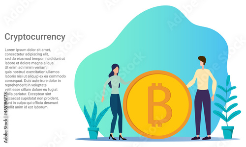 Cryptocurrency.People on the background of a large bitcoin symbol.The symbol of bitcoin mining.A business-style poster.Vector illustration.