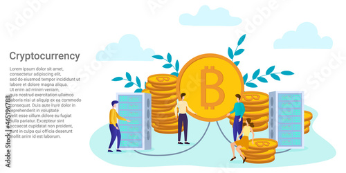 Cryptocurrency, People are engaged in Bitcoin mining.Poster in business style.Vector illustration.