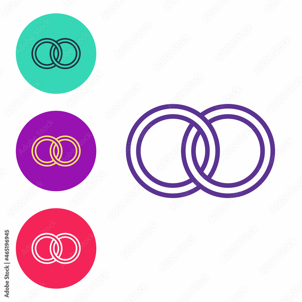 Set line Wedding rings icon isolated on white background. Bride and groom jewelry sign. Marriage symbol. Diamond ring. Set icons colorful. Vector Set line Wedding rings icon isolated on white background. Bride and groom jewelry sign. Marriage symbol. Diamond ring. Set icons colorful. Vector