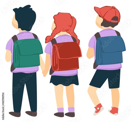 School children with satchel standing back view