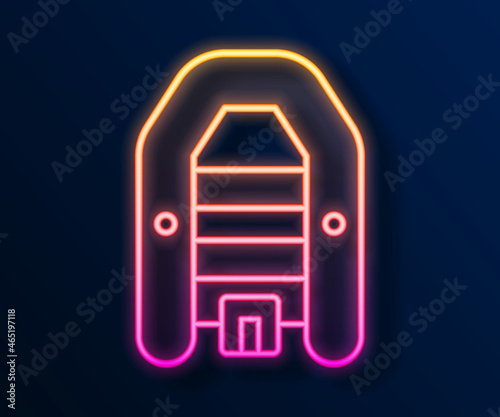Glowing neon line Inflatable boat with outboard motor icon isolated on black background. Vector