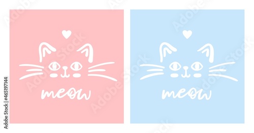 Set of two cute cat faces meow vector doodle illustration isolated on blue and pink background with lettering meow. Children baby nursery pastel poster for boy or girl.