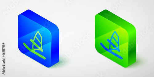 Isometric line Windsurfing icon isolated grey background. Blue and green square button. Vector