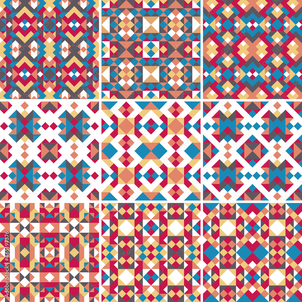Collection of nine vector seamless geometrical patterns in blue, yellow, red, grey and white colors. Set of endless backgrounds of triangles. Decorative abstract universal texture Collection of nine vector seamless geometrical patterns in blue, yellow, red, grey and white colors. Set of endless backgrounds of triangles. Decorative abstract universal texture