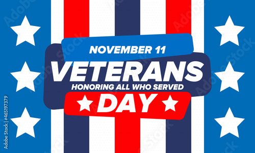 Veterans Day in United States. Federal holiday, celebrated annual in November 11. Honoring all who served. Patriotic american military concept. Poster, card, banner and background. Vector illustration