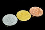 Set of Bitcoin Digital currency. Cryptocurrency. Golden coin with bitcoin symbol.