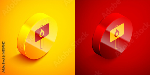 Isometric Protest icon isolated on orange and red background. Meeting, protester, picket, speech, banner, protest placard, petition, leader, leaflet. Circle button. Vector