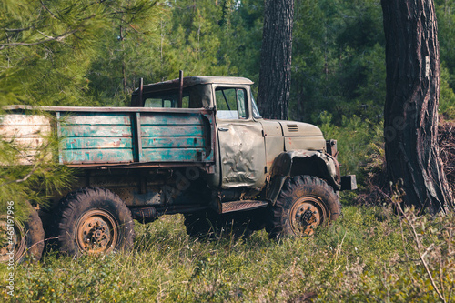 truck with big wheels in the forest, deforestation photo