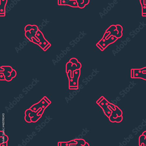 Red line Glass of beer icon isolated seamless pattern on black background. Vector