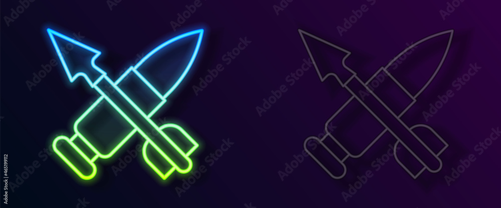 Glowing neon line Crossed bullet with arrow icon isolated on black background. Vector Glowing neon line Crossed bullet with arrow icon isolated on black background. Vector